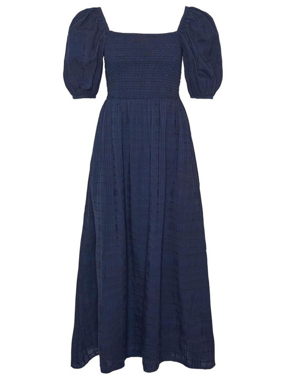 Barbour Macy Shirred Bodice Midi Dress Navy Smocked Square-Neck